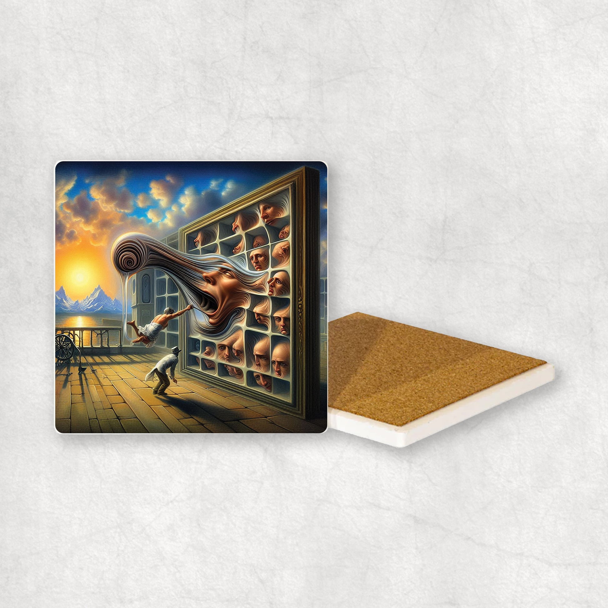 Art-themed ceramic coaster with a Scream mixed with Persistence of Memory style design, an original gift for any occasion.