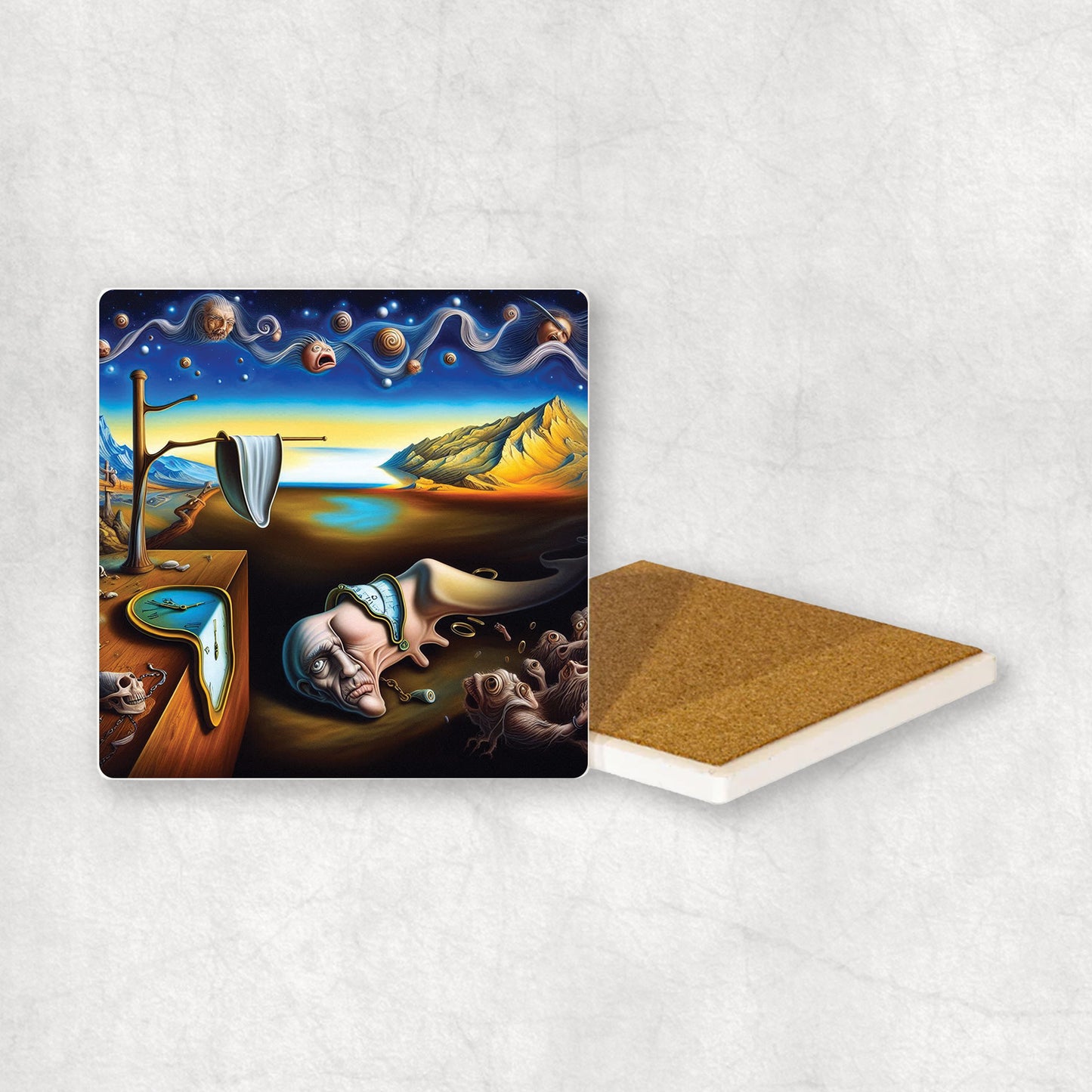 Art-themed ceramic coaster with a brown & blue Persistence of Memoty style design, an original gift for any occasion.