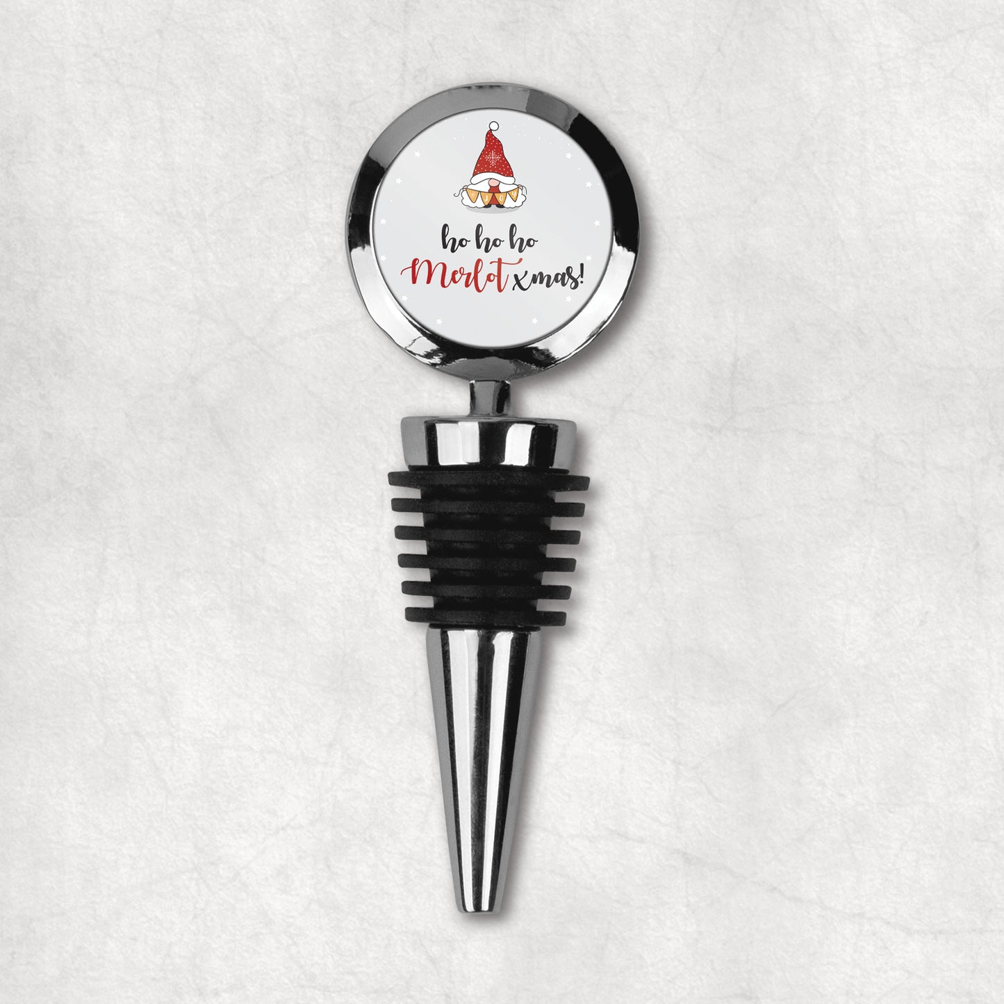 Christmas wine bottle stopper with funny quote 'Ho Ho Ho Merlot Xmas' and Christmas gnome. 