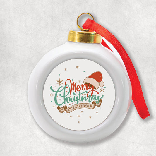 3D ceramic Christmas Bauble with 'Merry Christmas and Happy New Year' text & Santa Clause hat on light festive background. 