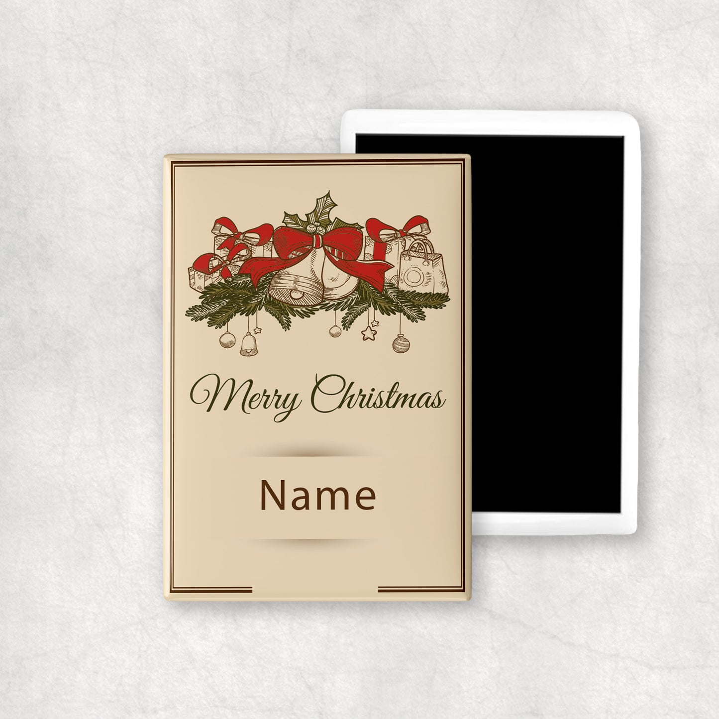 Christmas-themed ceramic magnet with bells, holly and 'Merry Christmas' wishes with personalised name on a beige background.