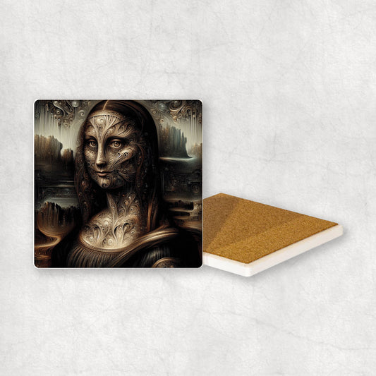 Art-themed ceramic coaster with a dark mona lisa style design, original gift for any occasion.