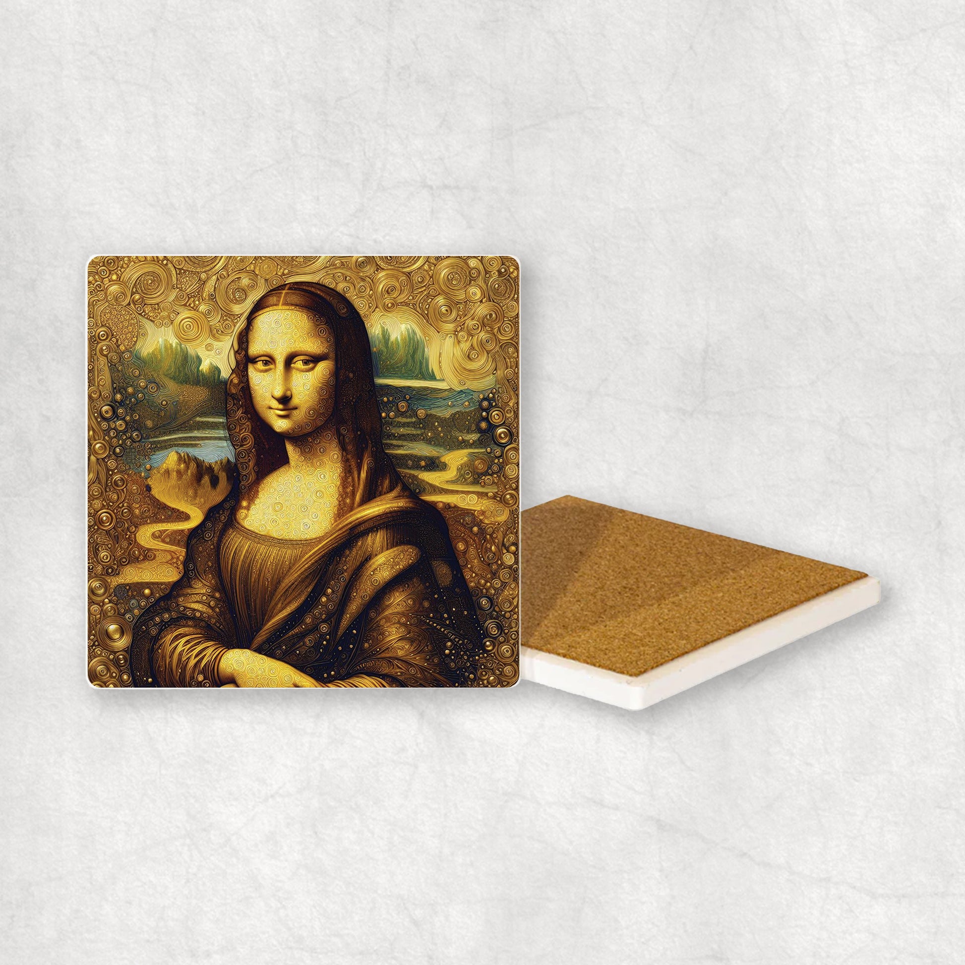 Art-themed ceramic coaster with a dgold & brown mona lisa style design, original gift for any occasion.
