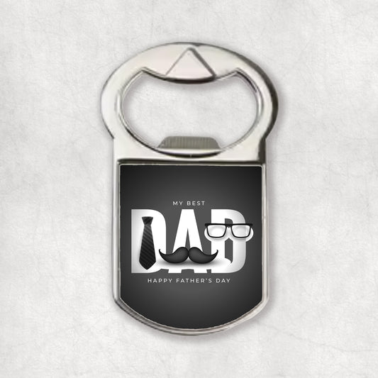 A bottle opener magnet with the 'My Best Dad' text and a graphic of a tie and glasses on a gray background.