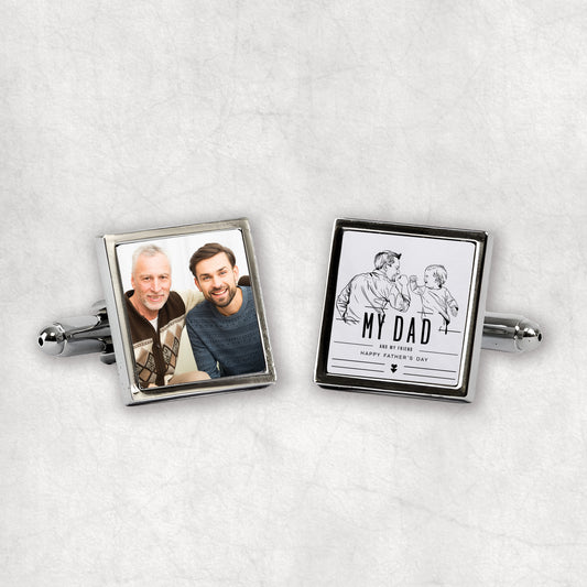 A pair of silver cufflinks with a personalised photo print and the 'MY DAD MY FRIEND' text on a white background.