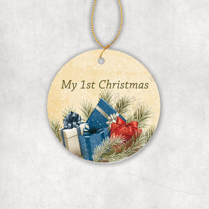 Round Christmas ornament with presents and 'My 1st Christmas' text on a Christmas background.