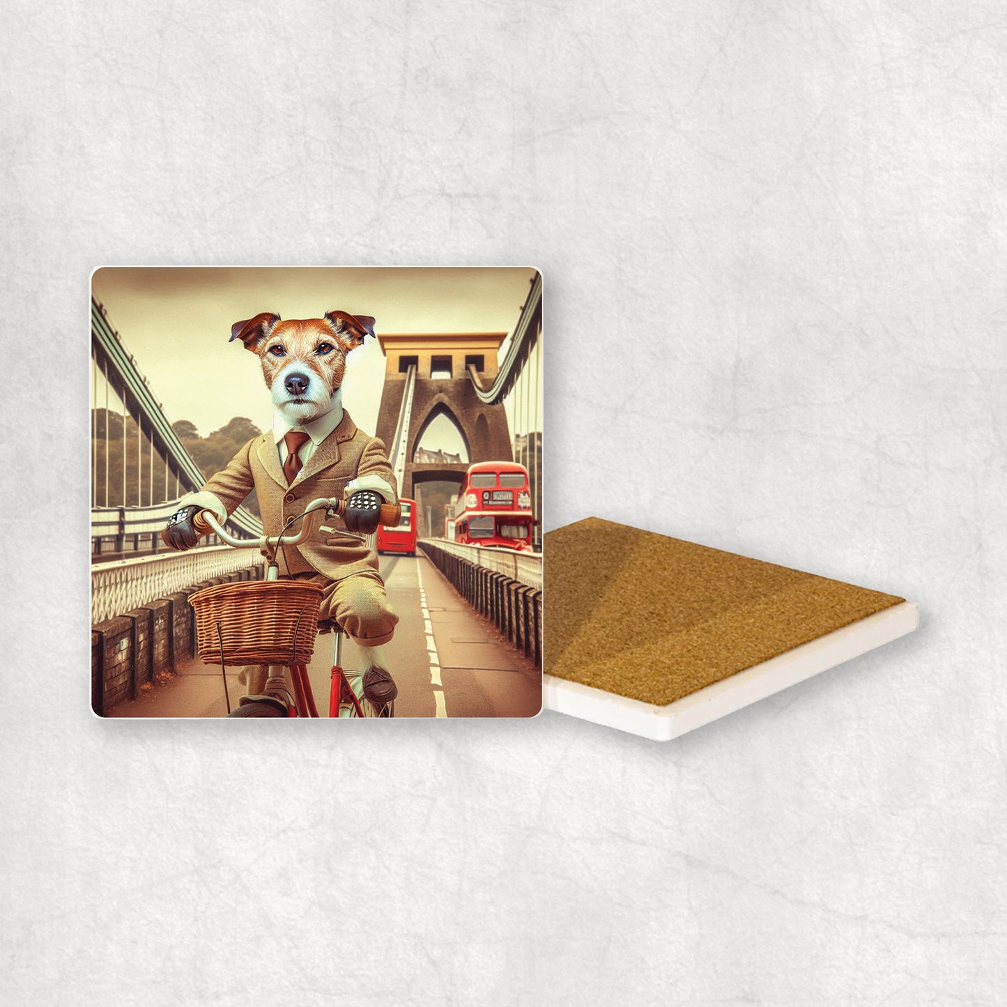 Ceramic coaster with a Parson Russell Terrier dog design, dressed in a suit, riding a bike on the Clifton Suspension Bridge.