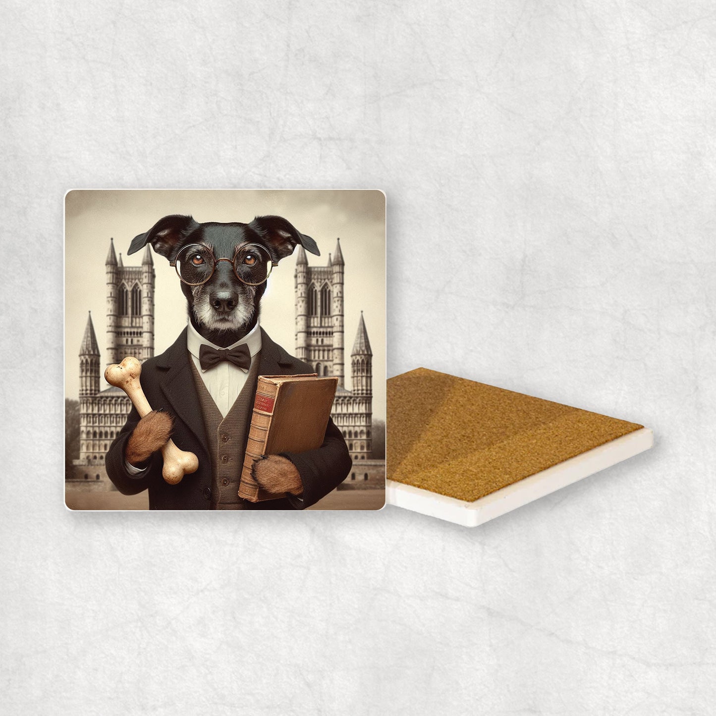 Ceramic Coaster gift with a Parson Russell Terrier dog design wearing a student's gown, glasses, holding a bone and a book in its paws, with the university in the background.