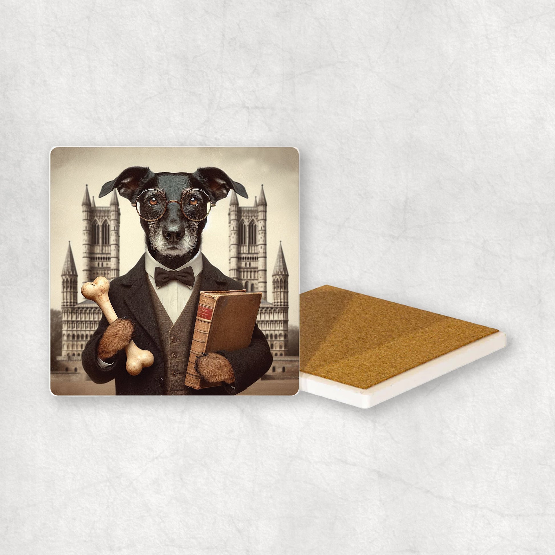 Ceramic Coaster gift with a Parson Russell Terrier dog design wearing a student's gown, glasses, holding a bone and a book in its paws, with the university in the background.