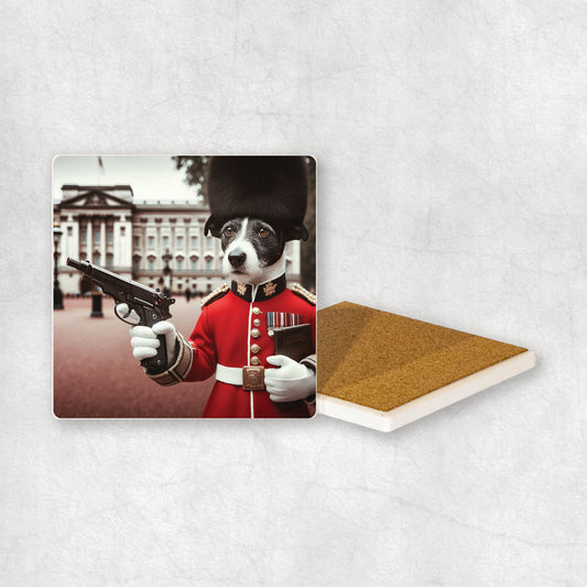 Ceramic Coaster gift with a Parson Russell Terrier dog design, wearing British guard costume, holding a gun, with Buckingham Palace in the background. 