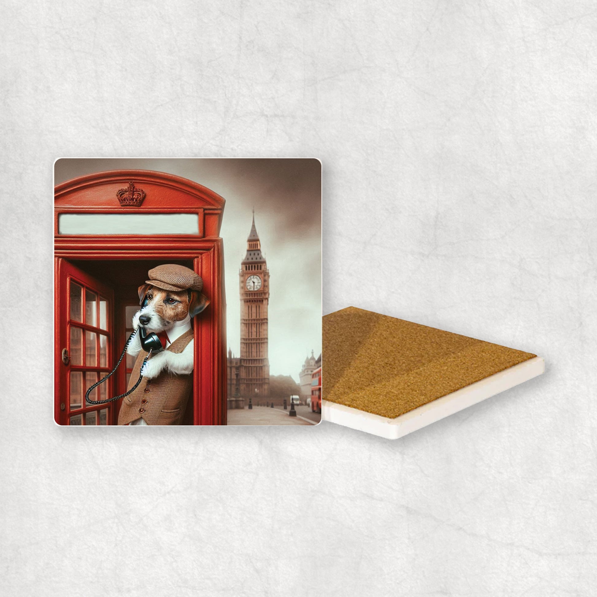 Ceramic coaster gift with a Parson Russell Terrier dog design, wearing a suit, talks on the phone in a red telephone booth in London with Big Ben in the background. 