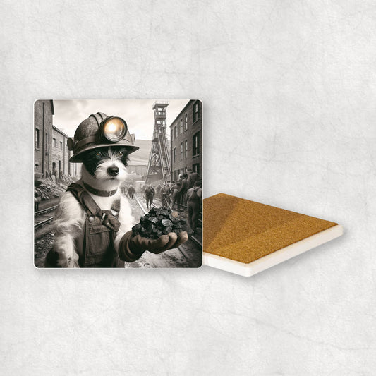 Ceramic Coaster gift with a Parson Russell Terrier dog design, dressed like a miner with a coal in its paws, with a mine in the background.