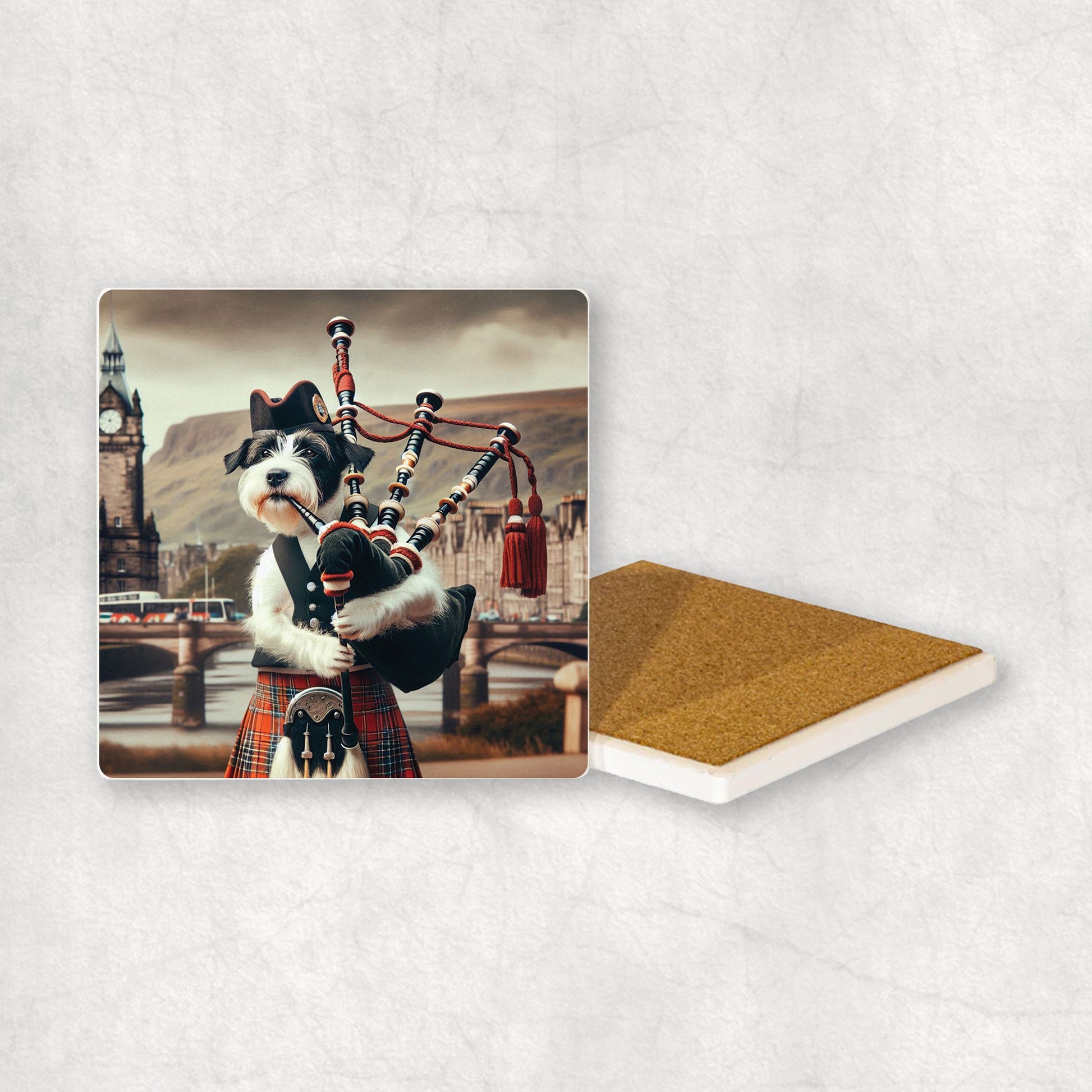 Ceramic Coaster gift with a Parson Russell Terrier dog design, dressed in traditional Scottish costume, playing the bagpipes, with Edinburgh in the background. 