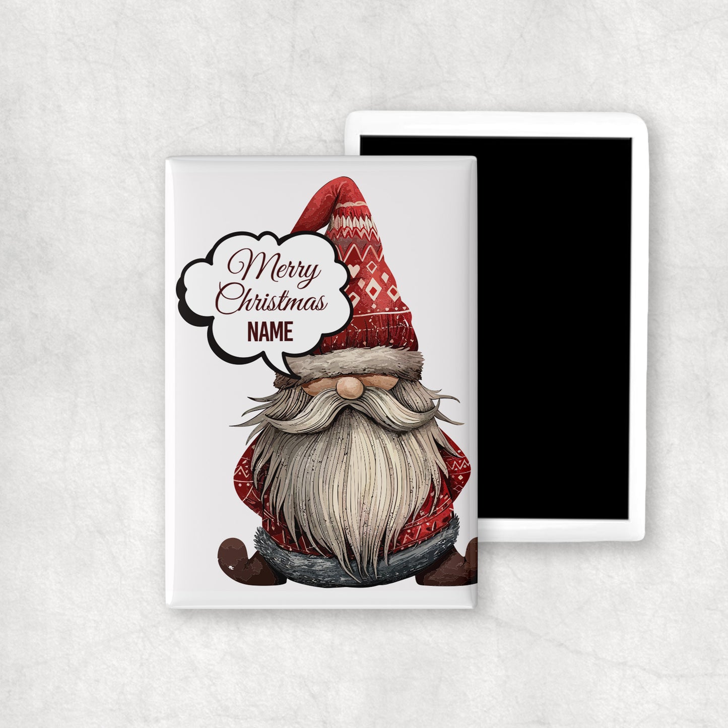 Personalised Christmas ceramic magnet with customizable name and gnome on a white background