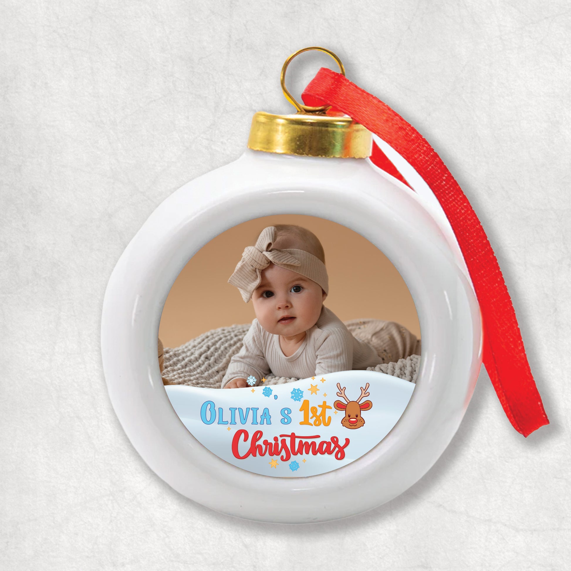 Personalised 3D Christmas Bauble with a photo, name and 1'st Christmas' text on a white background.