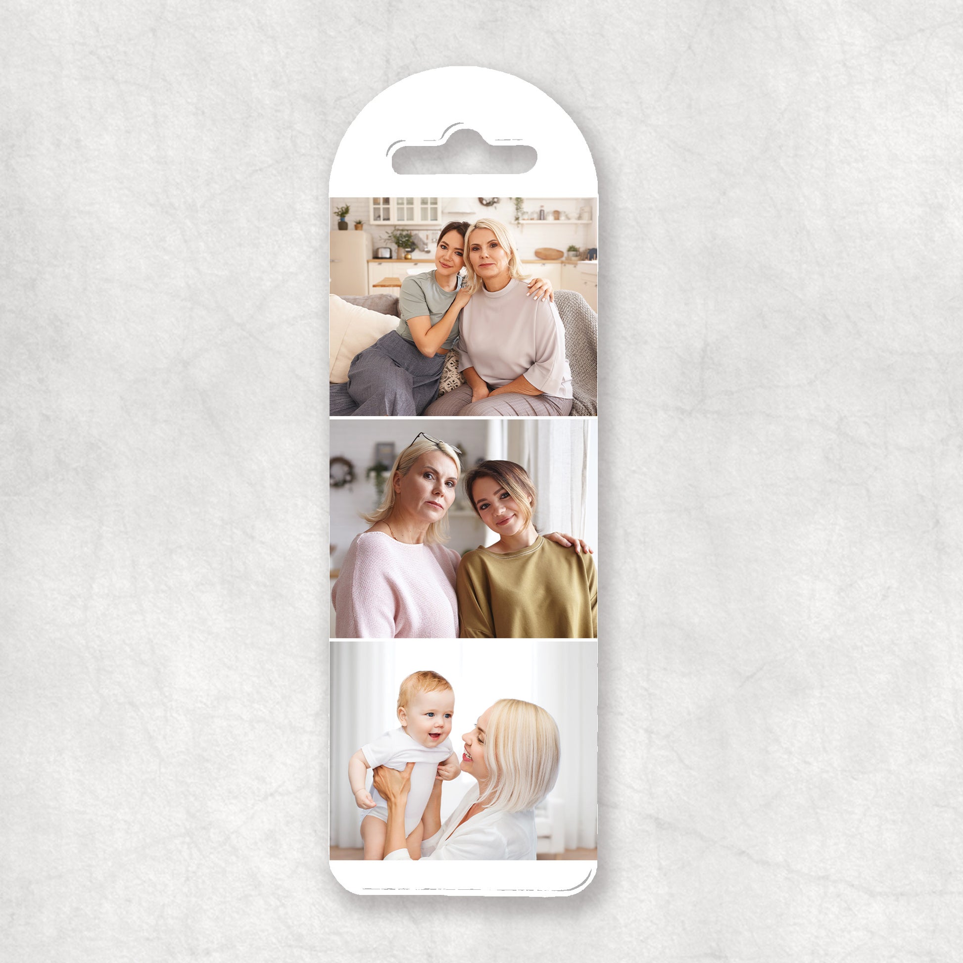 A custom photo collage bookmark with three images, printed on a white background.