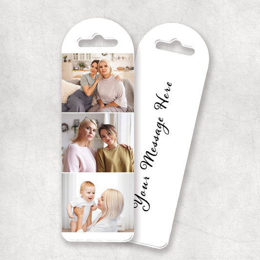 A personalised photo collage bookmark with three photo slots and a space for a message.