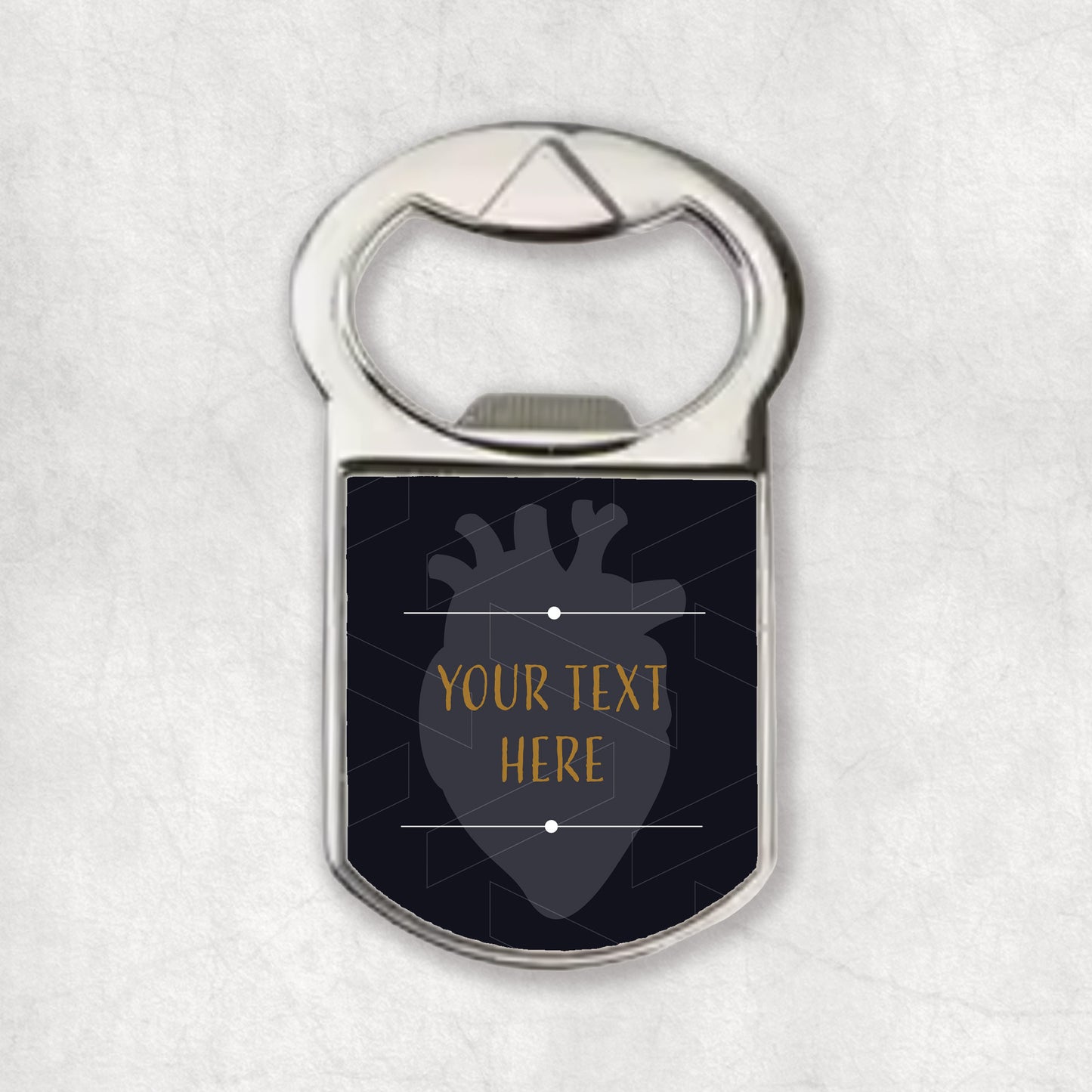 A bottle opener magnet with a space for personalised text, on a heart-shaped background.