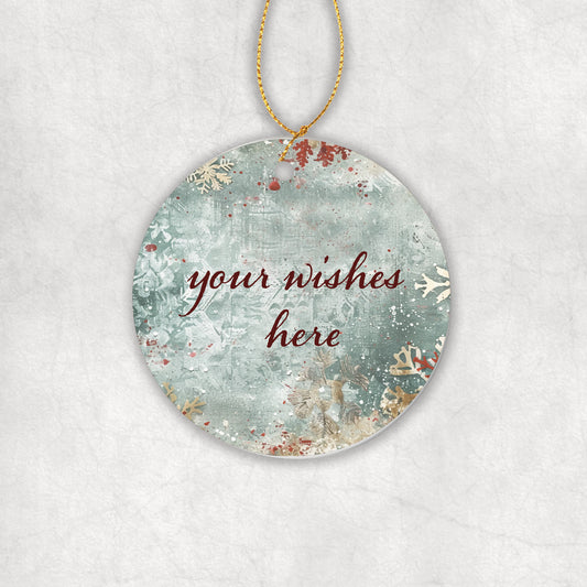 Personalised ceramic christmas tree round ornament with your own Christmas greetings on light Christmas background.