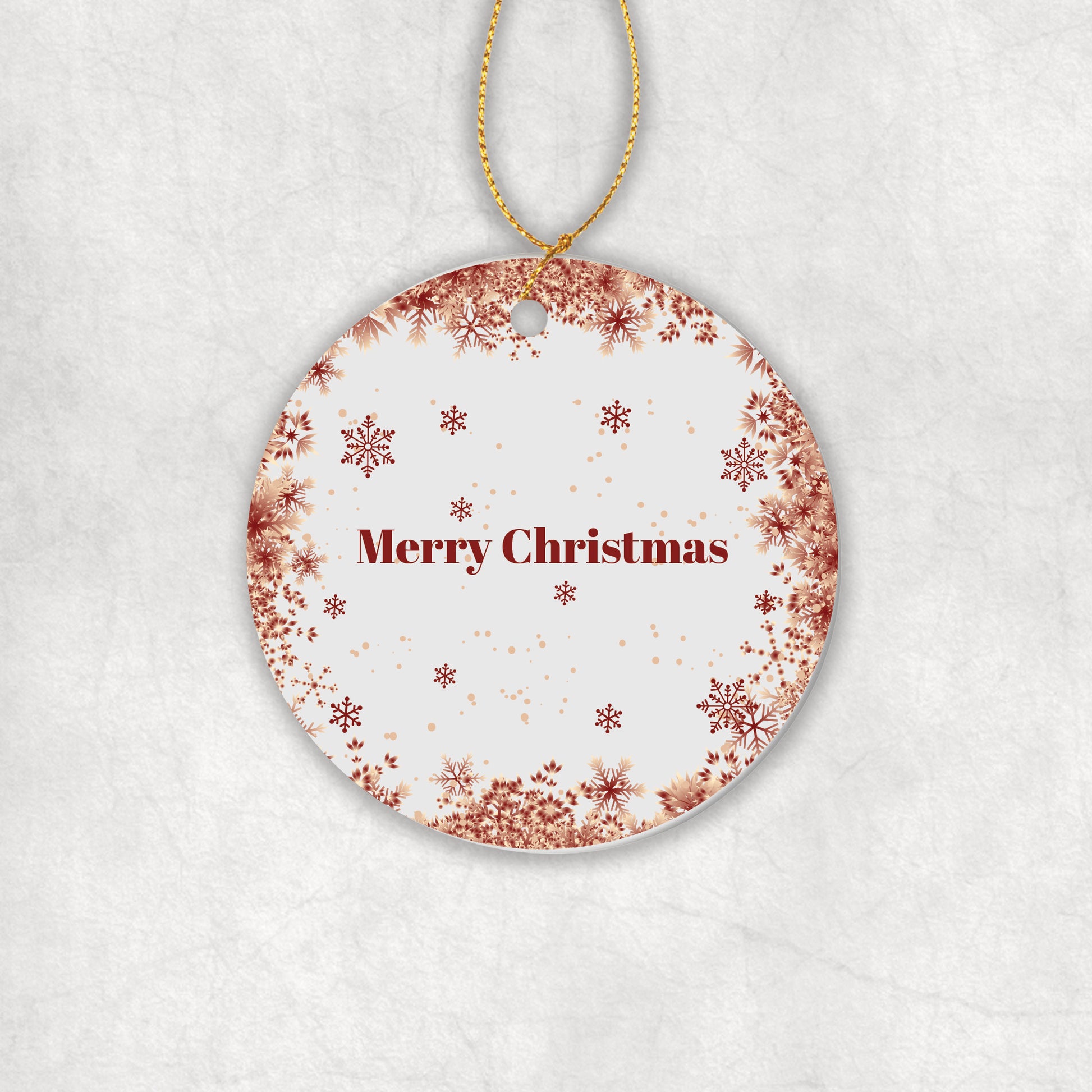 Personalised ceramic Christmas tree ornament with 'Merry Christmas' text and red snowflakes design on a white background.