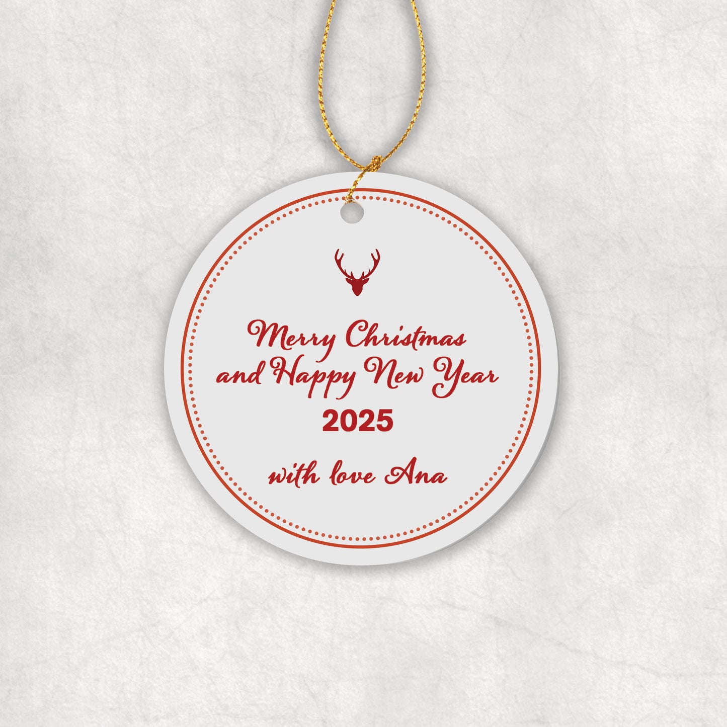 Personalised Ceramic Round Ornament with red text 'Merry Christmas and Happy New Year 2025 with love' and you name on a white background