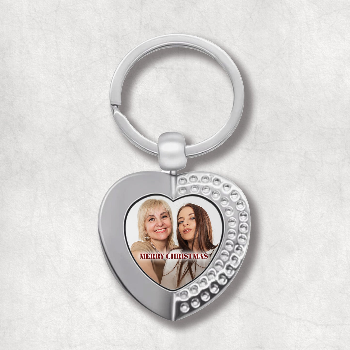 Personalised Heart Keyring with Christmas style photo. 