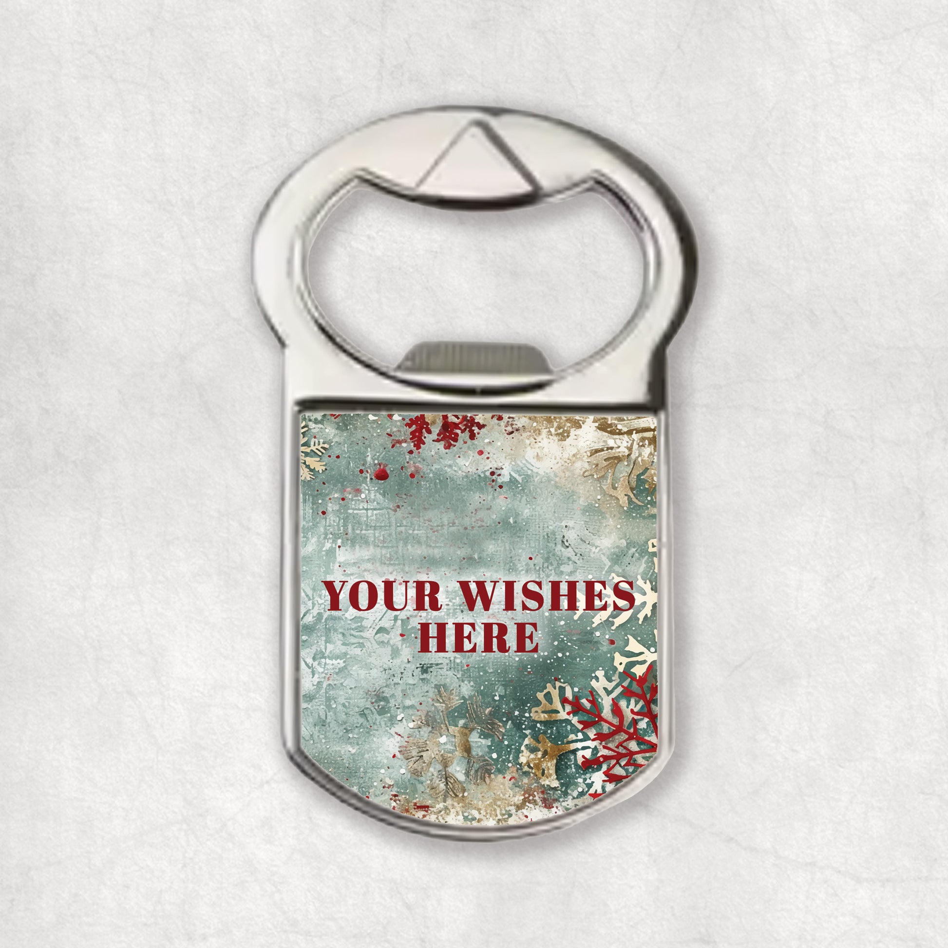 Bottle opener magnet with decorative Christmas design and your personalised wishes.