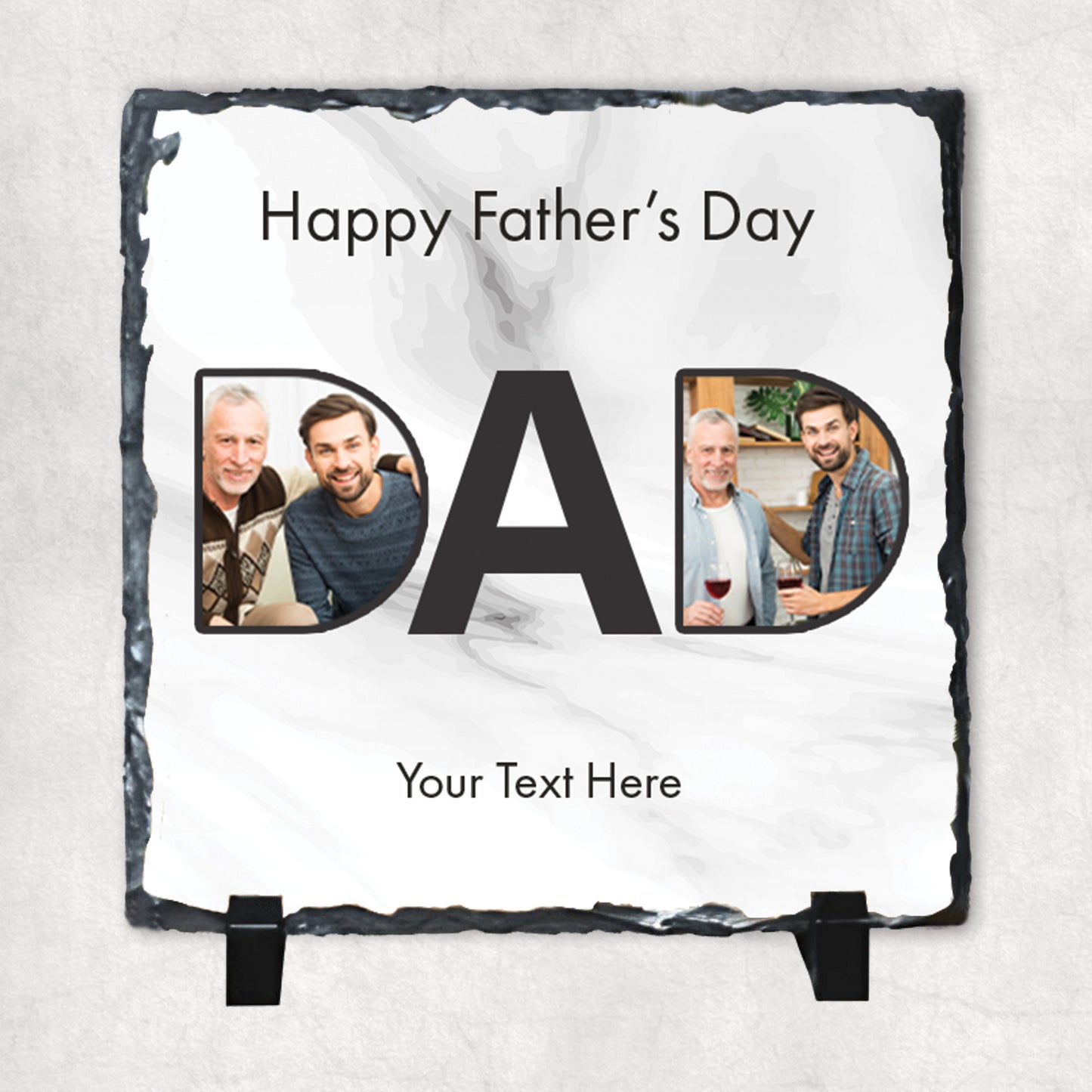 A personalised rock slate with 'Happy Father's Day' text and spaces for two photos and custom text, displayed on a light background.
