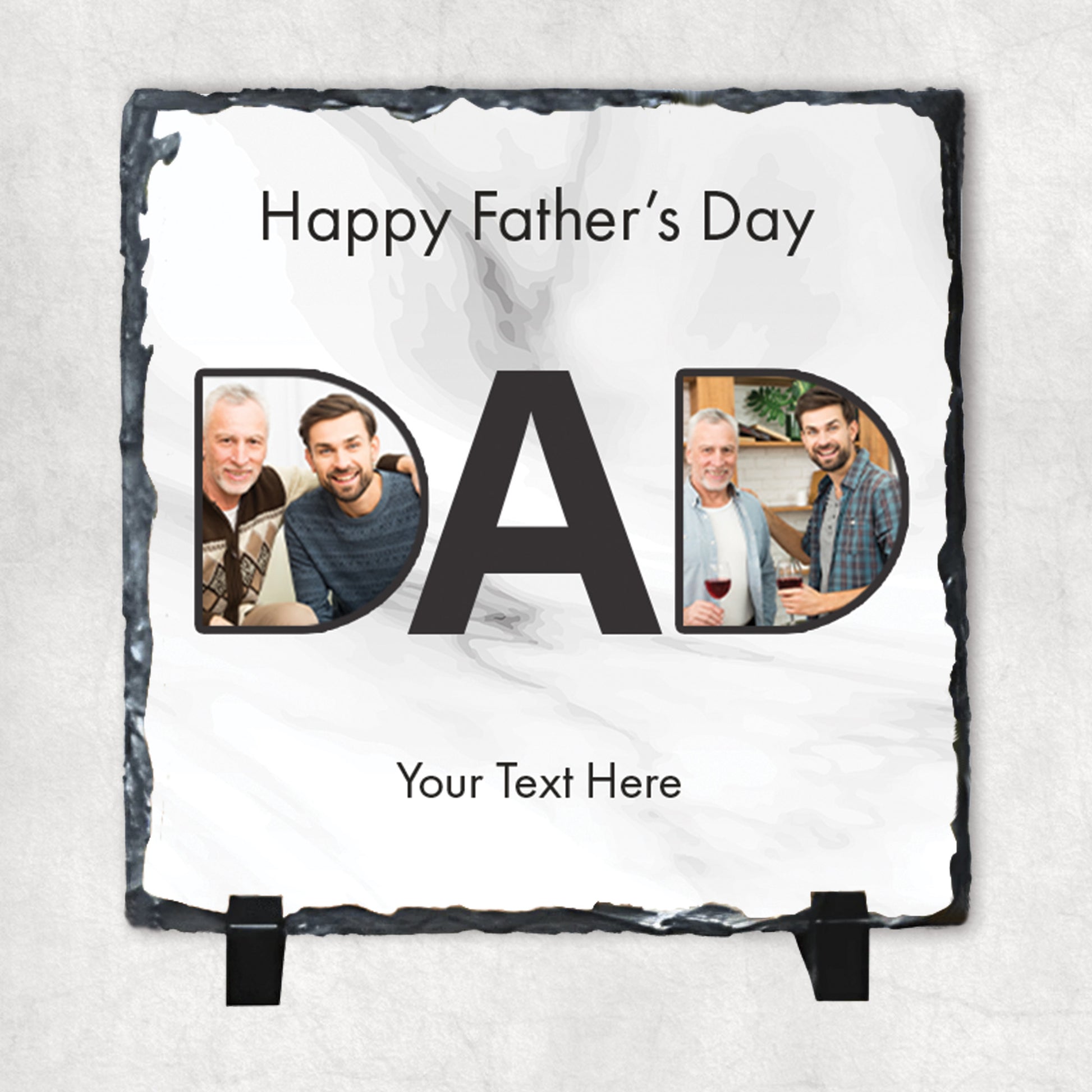 A personalised rock slate with 'Happy Father's Day' text and spaces for two photos and custom text, displayed on a light background.
