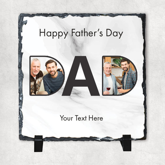 A personalised rock slate with 'Happy Father's Day' text and spaces for two photos and custom text, displayed on a light background.