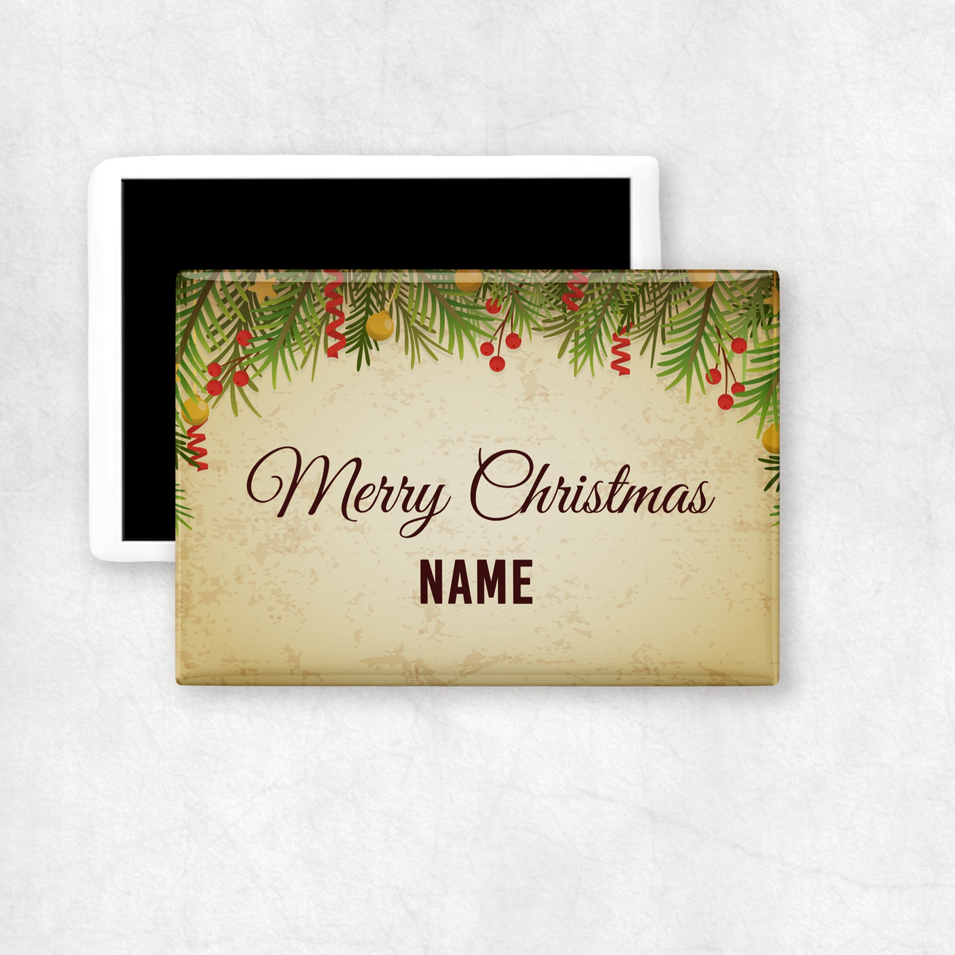 Personalised horizontal Christmas ceramic magnet with decorative border and customizable name on a light background.