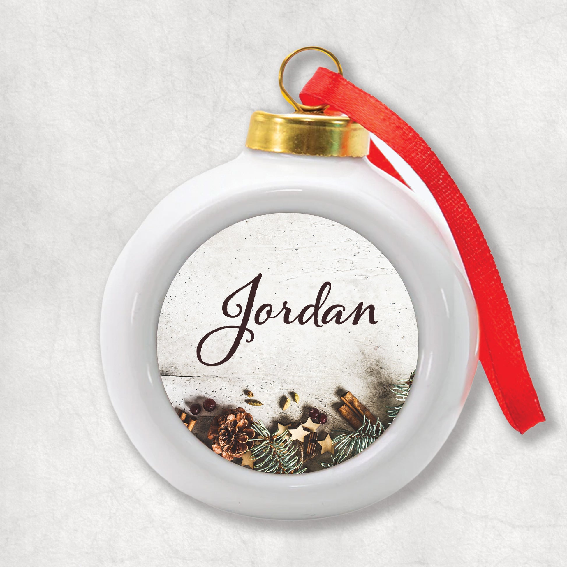 3D Ceramic personalised Christmas bauble with your name on the Christmas background.