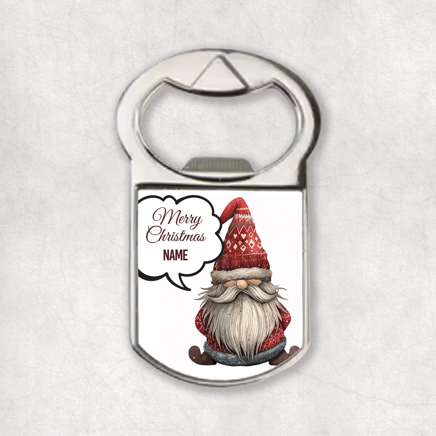 Bottle opener magnet with a Christmas gnome design and 'Merr Christmas' text with personalised Name on a white background
