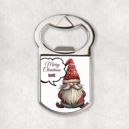 Bottle opener magnet with a Christmas gnome design and 'Merr Christmas' text with personalised Name on a white background