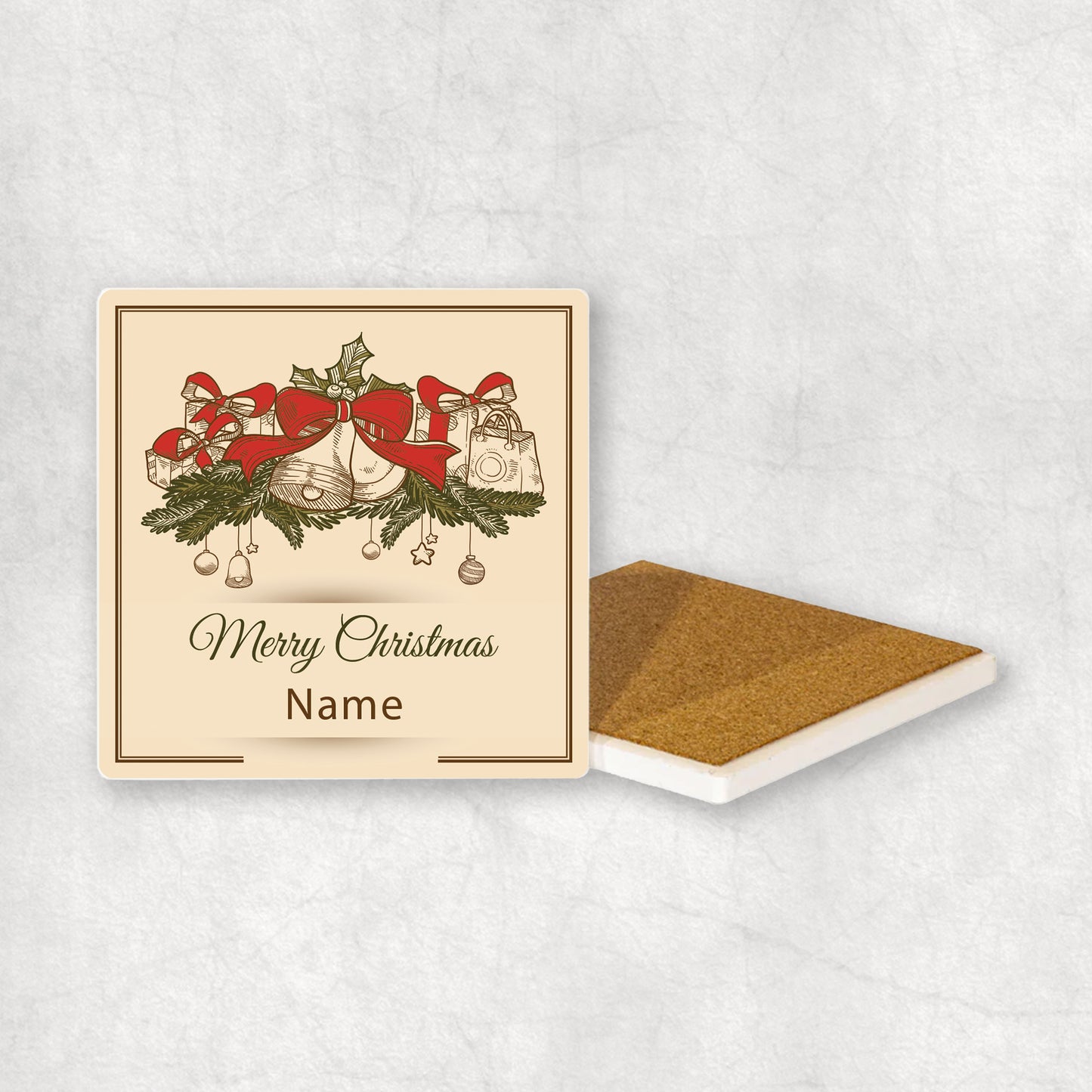 Personalised Christmas ceramic coaster with your name and 'Merry Christmas' text on Christmas background. 