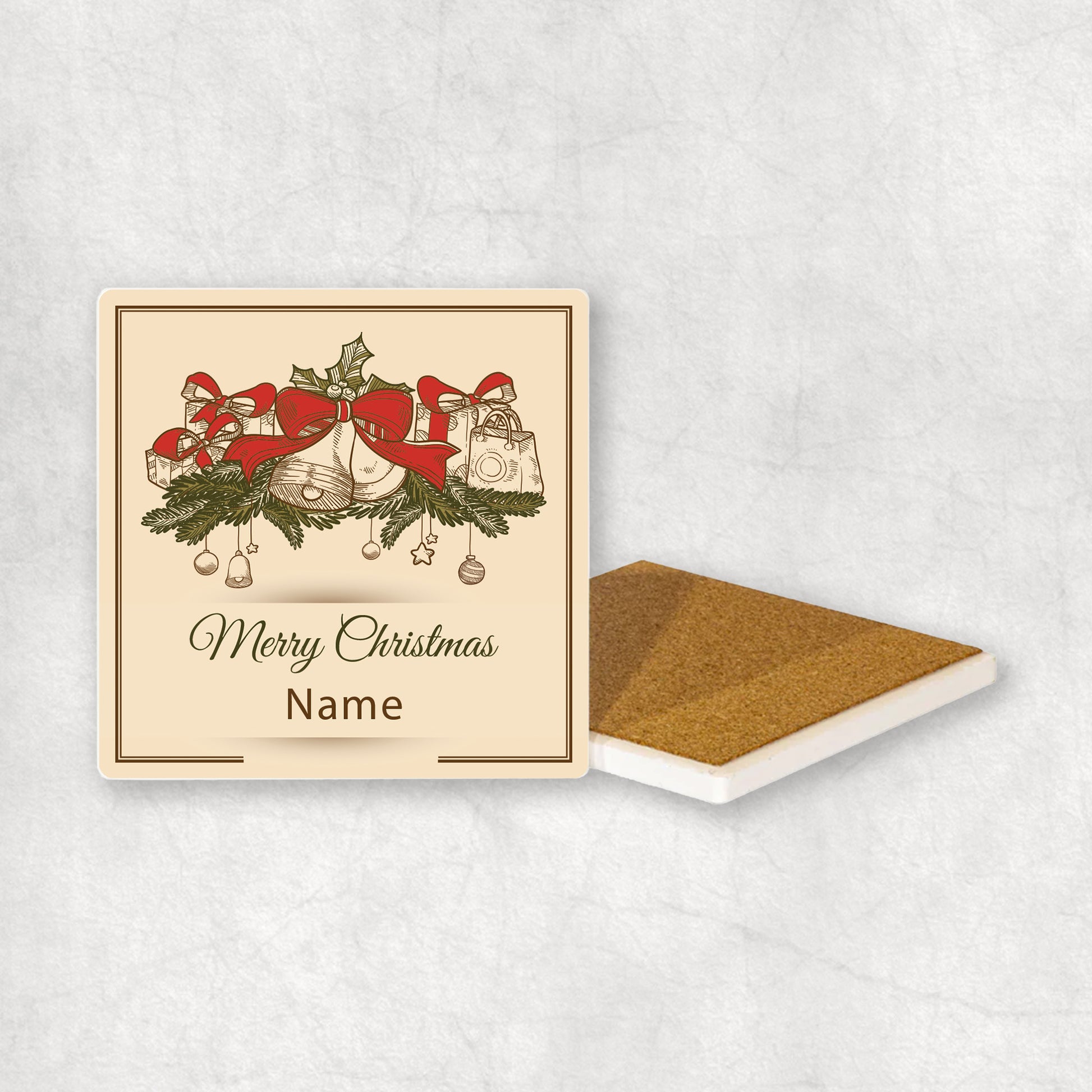 Personalised Christmas ceramic coaster with your name and 'Merry Christmas' text on Christmas background. 