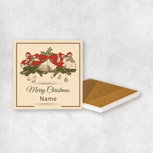 Personalised Christmas ceramic coaster with your name and 'Merry Christmas' text on Christmas background. 