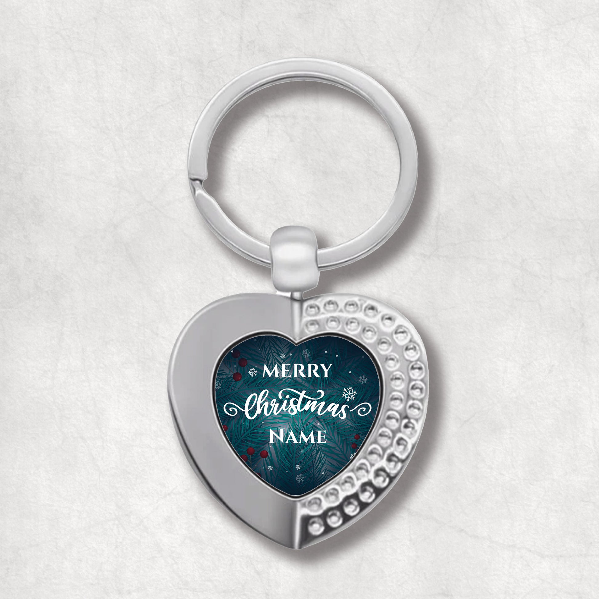 Heart-shaped Keyring with Christmas wishes & personalised name. The perfect, elegant gift for Christmas.