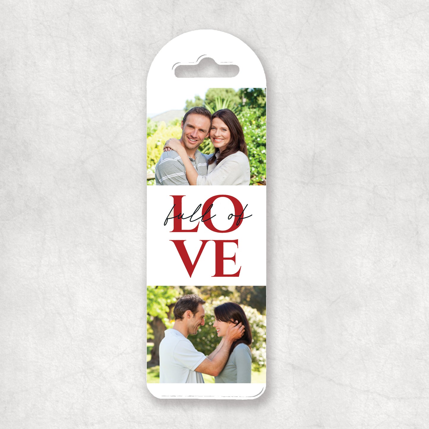 A personalized photo collage bookmark with a two photos and the romantic 'Full of LOVE' phrase, displayed on a white background.