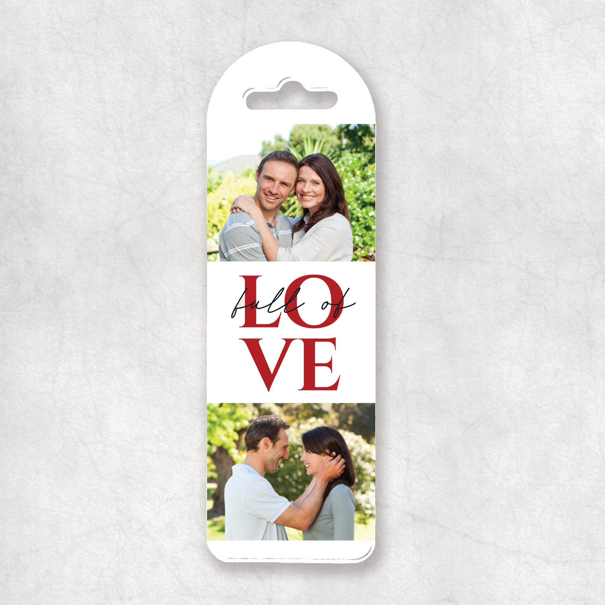 A personalized photo collage bookmark with a two photos and the romantic 'Full of LOVE' phrase, displayed on a white background.