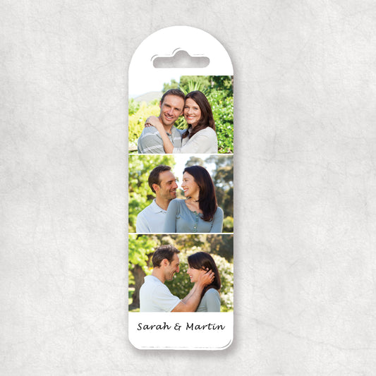 Personalised photo collage bookmark with your names at the bottom, all printed on a white background. 