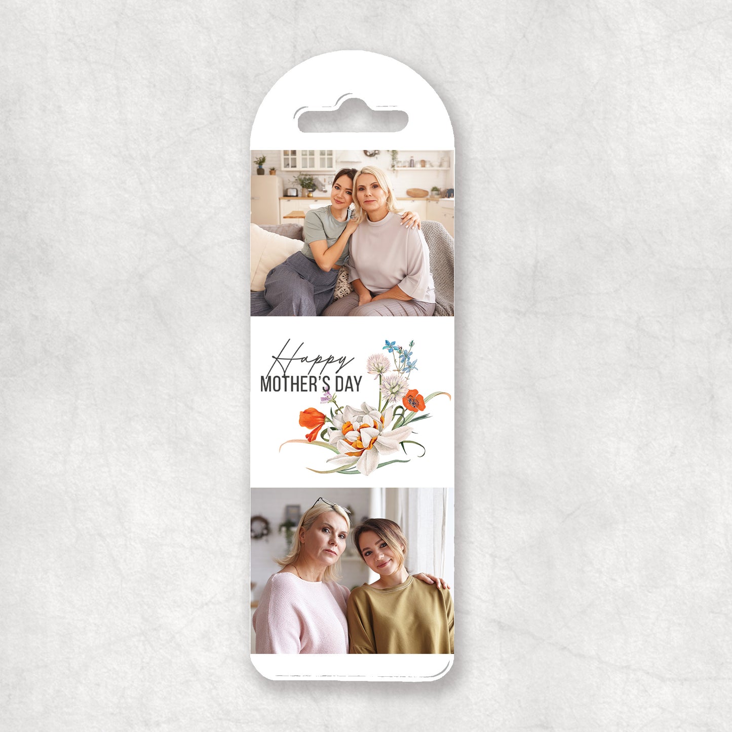 A personalised photo collage bookmark with a Mother's Day theme, poppies and the text 'Happy Mother's Day'.