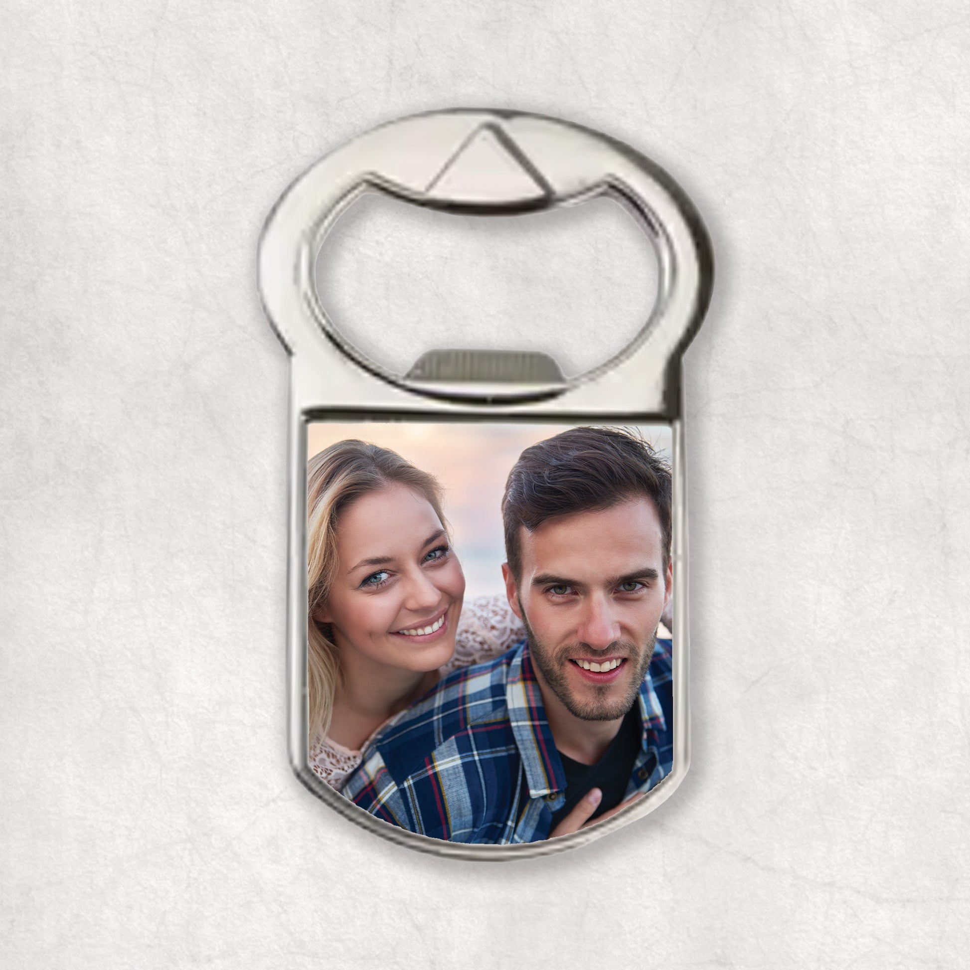 A custom photo bottle opener magnet.