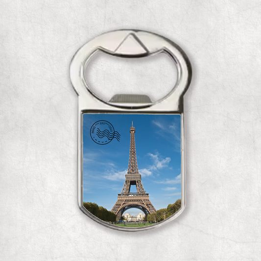 Personalised photo bottle opener with a custom black stamp (with date and location).