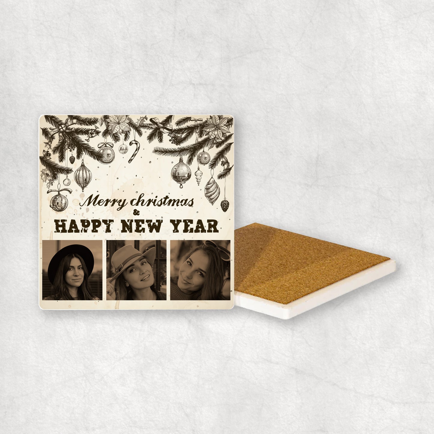 Christmas Ceramic Coaster with personalised 3 photos collage and the' Merry Christmas & a Happy New Year' text on a Christmas background.