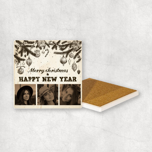 Christmas Ceramic Coaster with personalised 3 photos collage and the' Merry Christmas & a Happy New Year' text on a Christmas background.