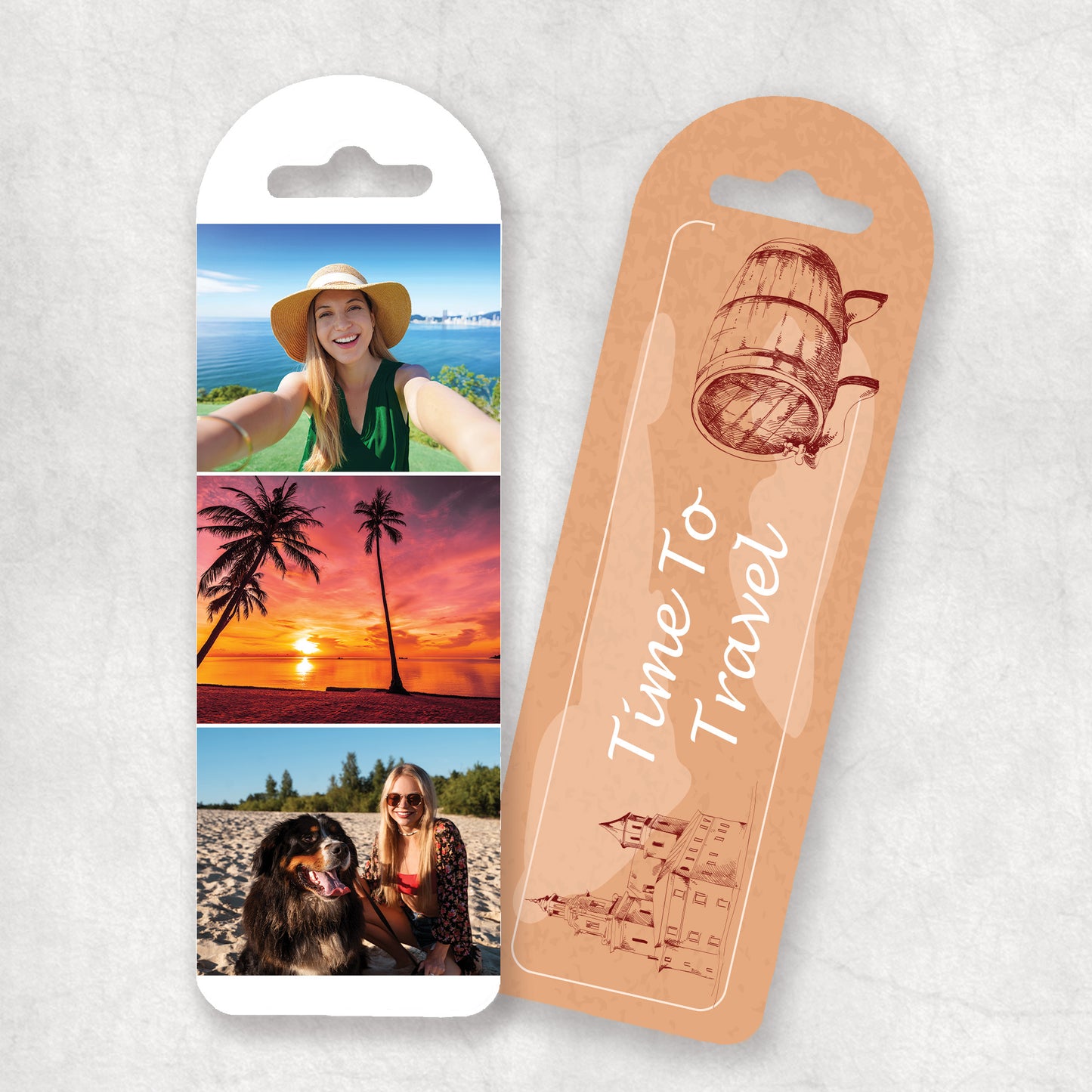 A personalised photo collage bookmark with three personalised photos, and 'Time to Travel' text on beautiful holiday background on the back. 
