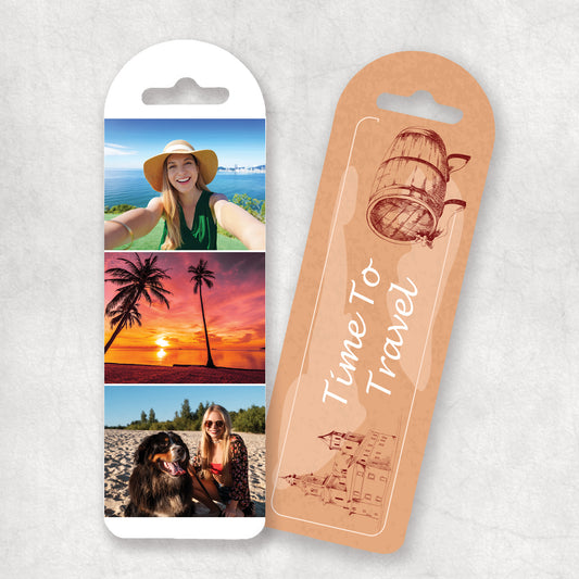 A personalised photo collage bookmark with three personalised photos, and 'Time to Travel' text on beautiful holiday background on the back. 