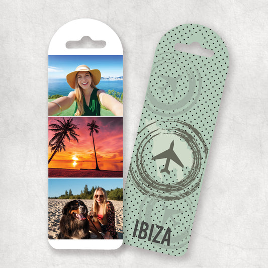 A personalised photo collage bookmark with a green dotted pattern and your hiliday destination printed on the back, the perfect gift for any occasion. 