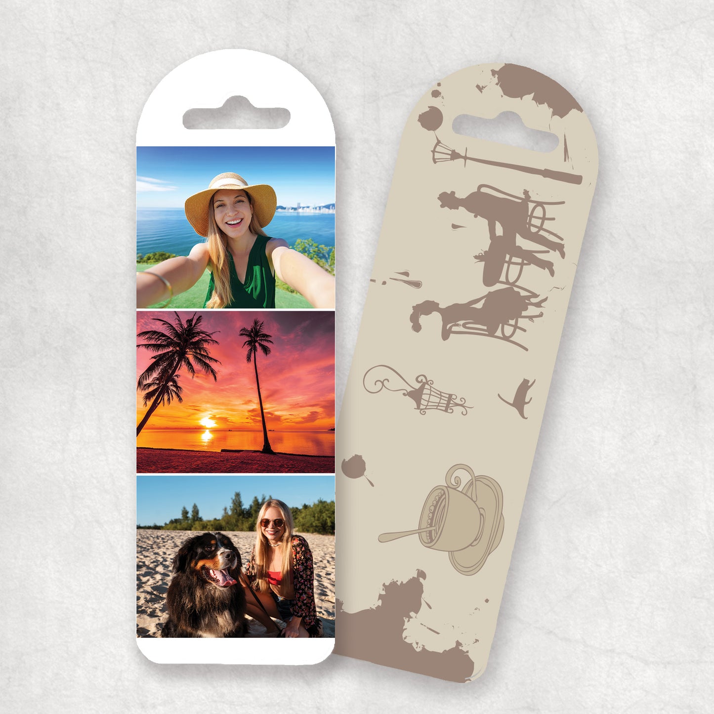 A personalised photo collage bookmark with a vintage, romantic holiday background on the back.